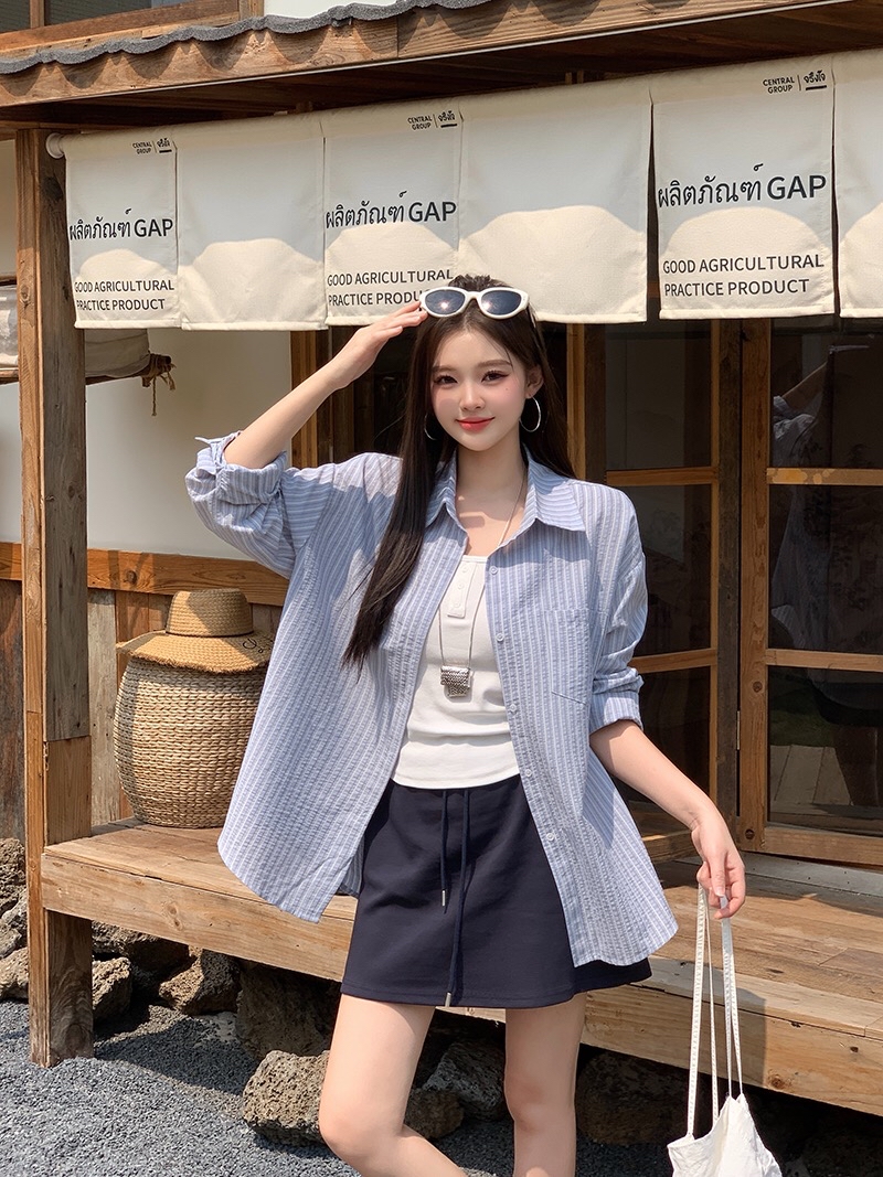 B276(36666) 韩版气质白吊带内搭与条纹蓝衬衫与蓝短裙三件套套装 