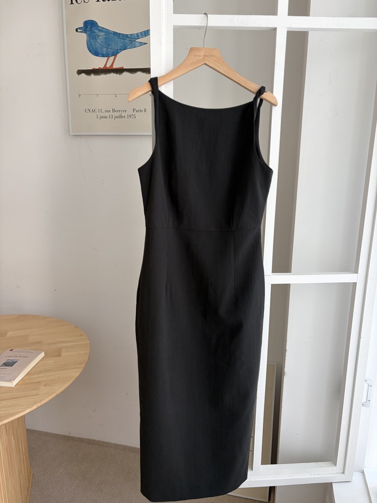 Linen Blend Twisted Strap Dress (Black)
