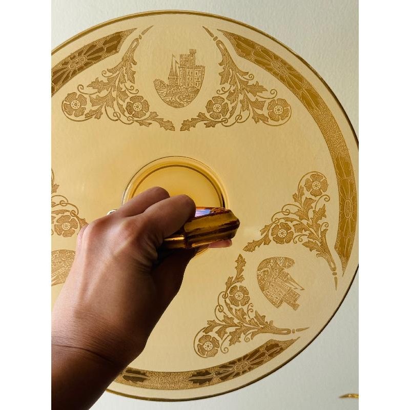 Antique 1920s Amber Glass Embossed Golden Castle and Scrollwork Pattern Large Cake Plate with Geometric Handle (MT2166)