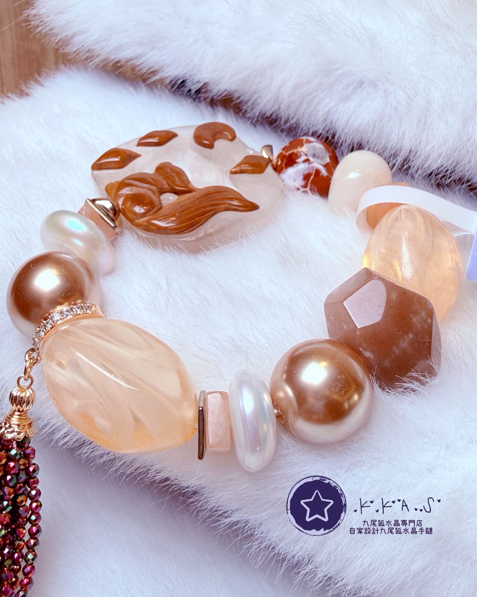 K00075 紅兔毛 俏色月亮狐 自家設計手鏈