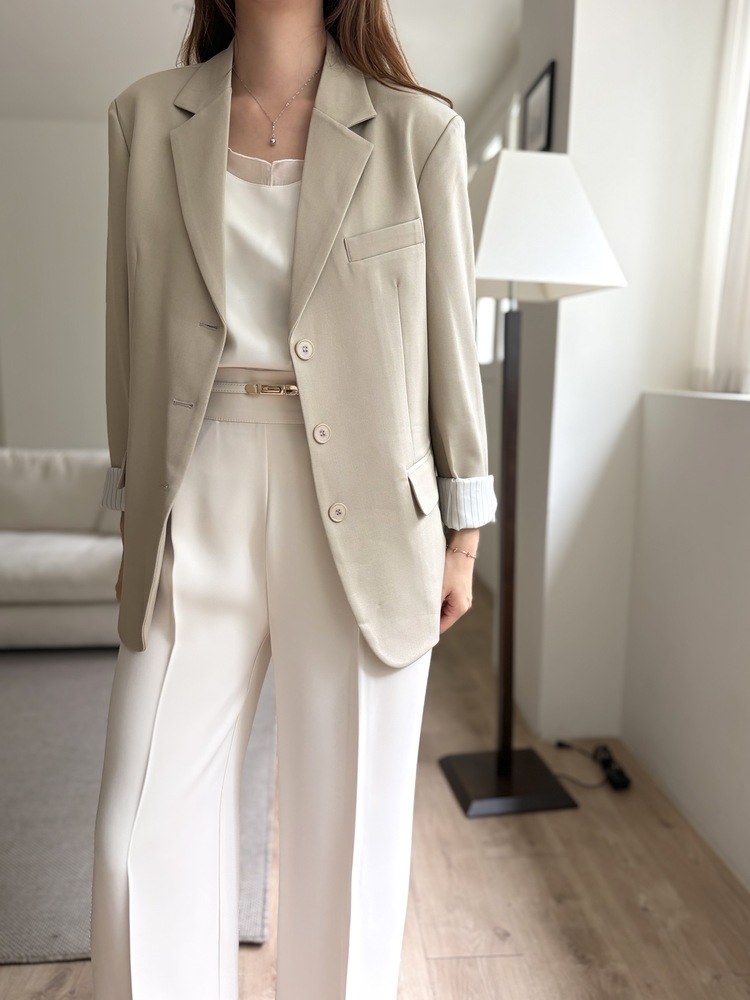 Margot Blazer with Striped Cuffs (Beige)