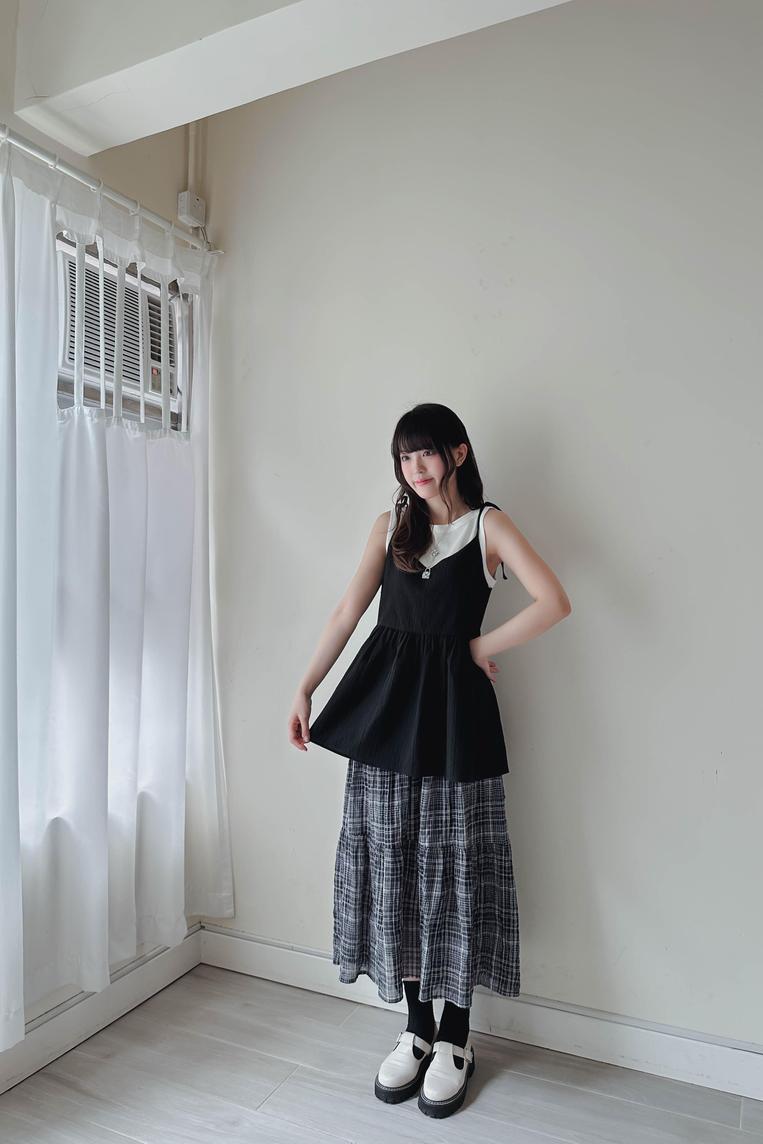 格紋細褶側綁蛋糕裙 (兩色入)