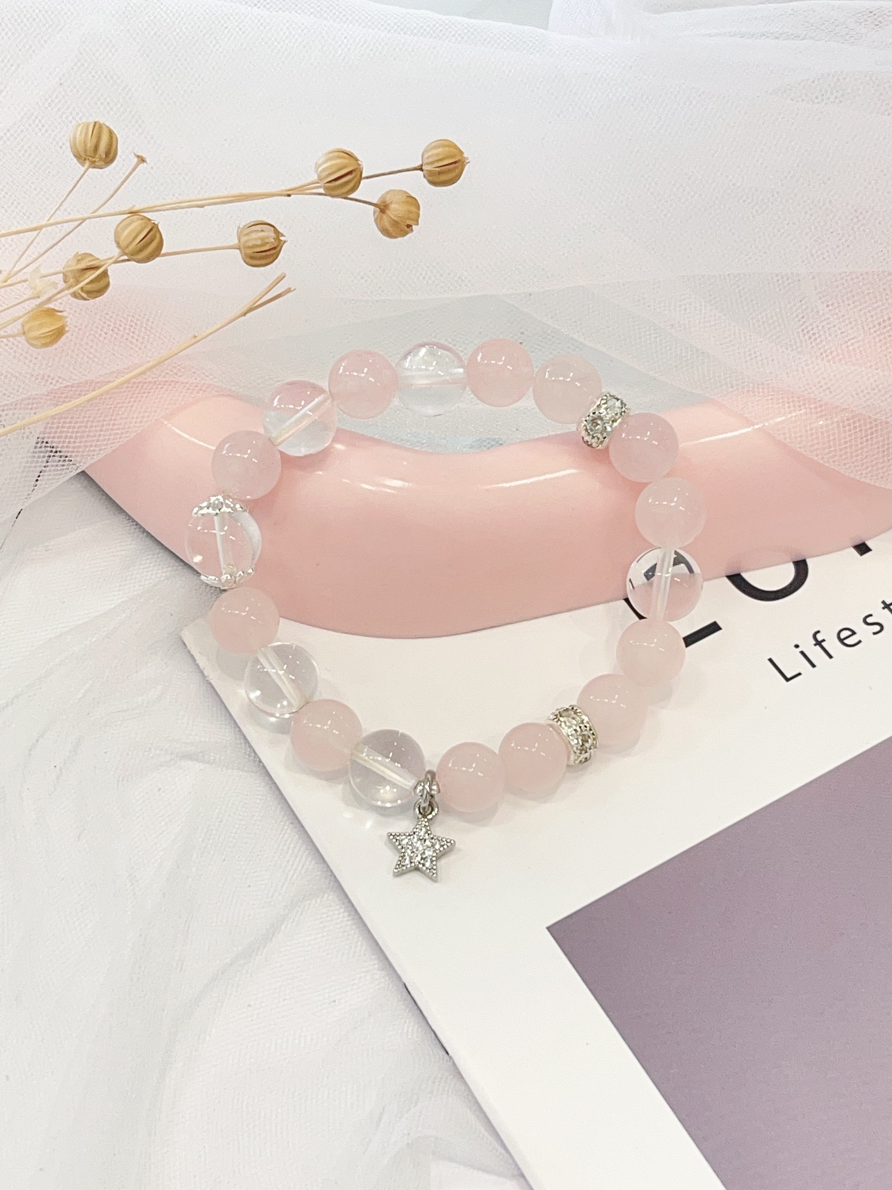 🌙 粉水晶 × 白水晶手串 Rose Quartz & Clear Quartz｜9.5mm 设计款（星星吊坠）