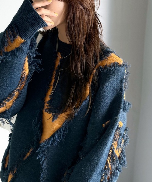 不規則流蘇拼色針織上衣【JT019】