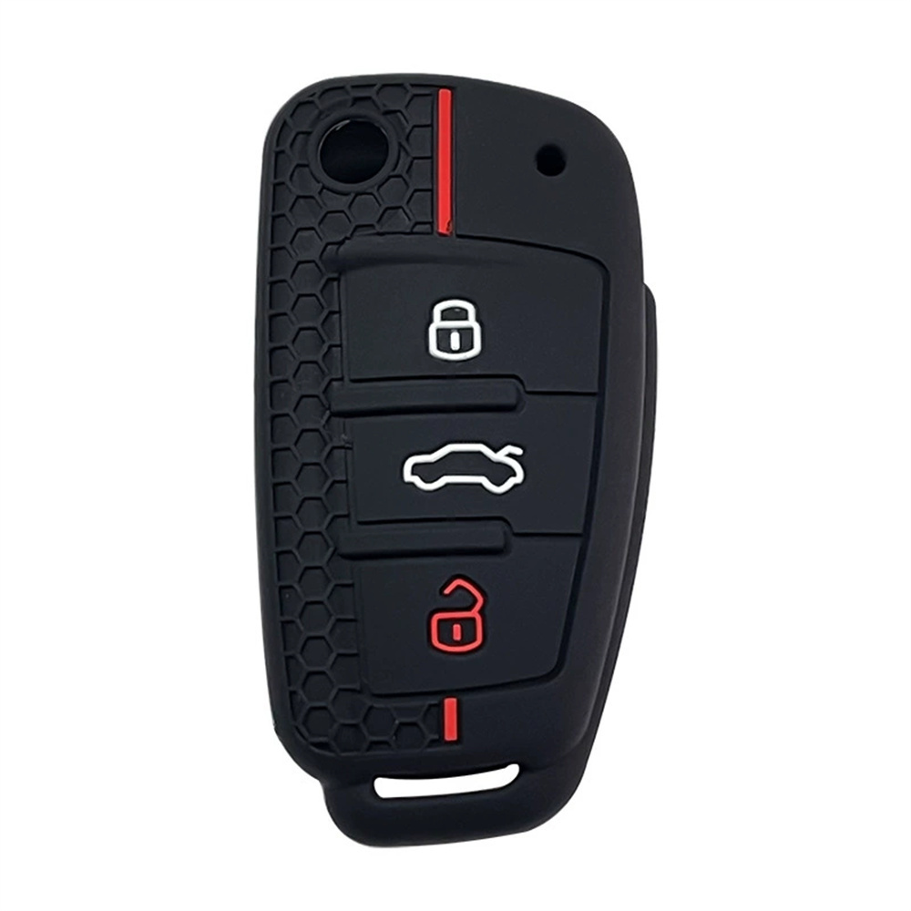 適用奧迪A3硅膠鑰匙套  黑色 折疊3鍵 蜂窩紅線 UA0542