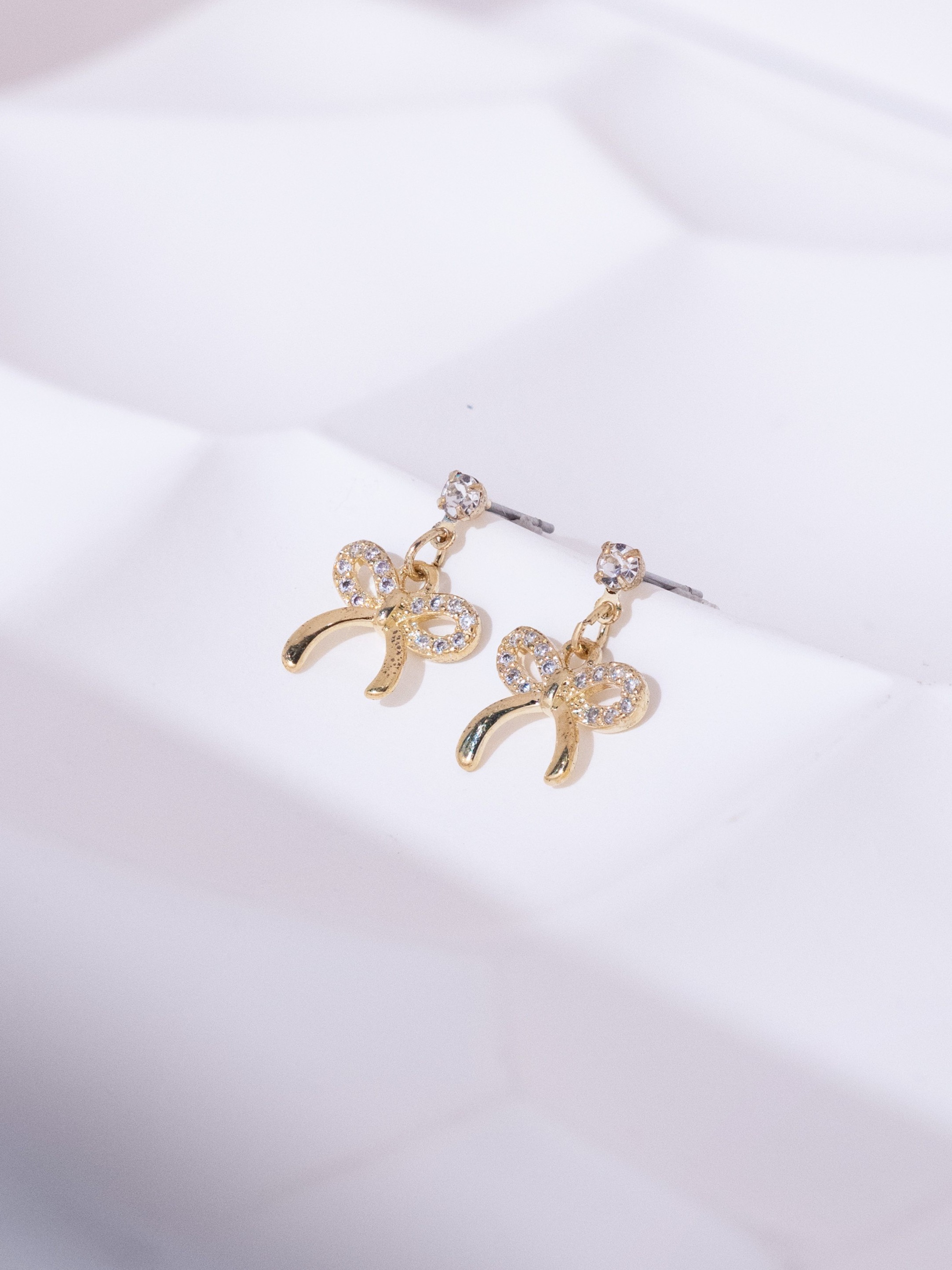 Sparkling Ribbon Drop Stud Earrings