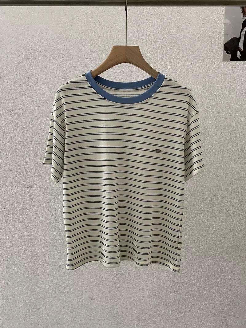 装色条纹短袖宽松Tee