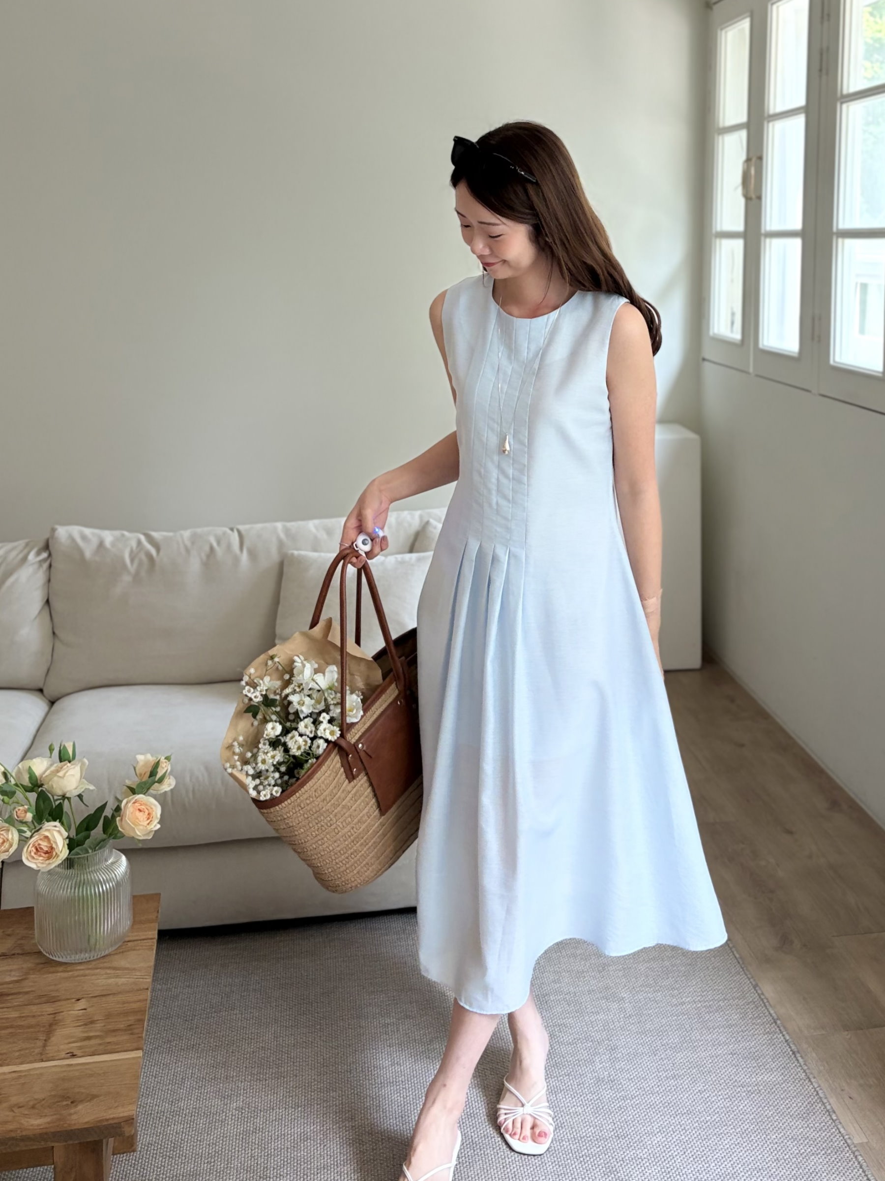 Linen Pintuck Dress (Blue)