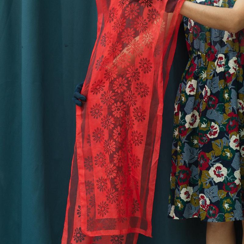 Vintage 1960s Red Floral Pattern Sheer Chiffon Long Scarf From Germany(MT1602)