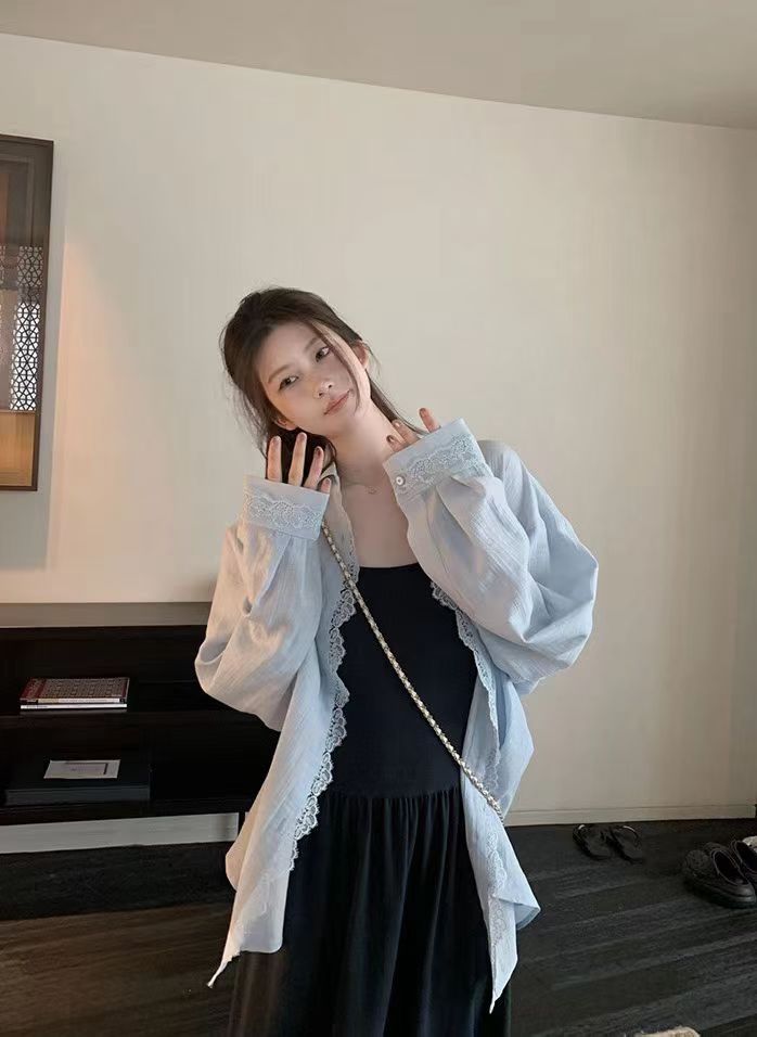 1753 Sheer Lace Shirt & Slip Dress Set Freesize法式蕾丝衬衫+吊带裙套装 