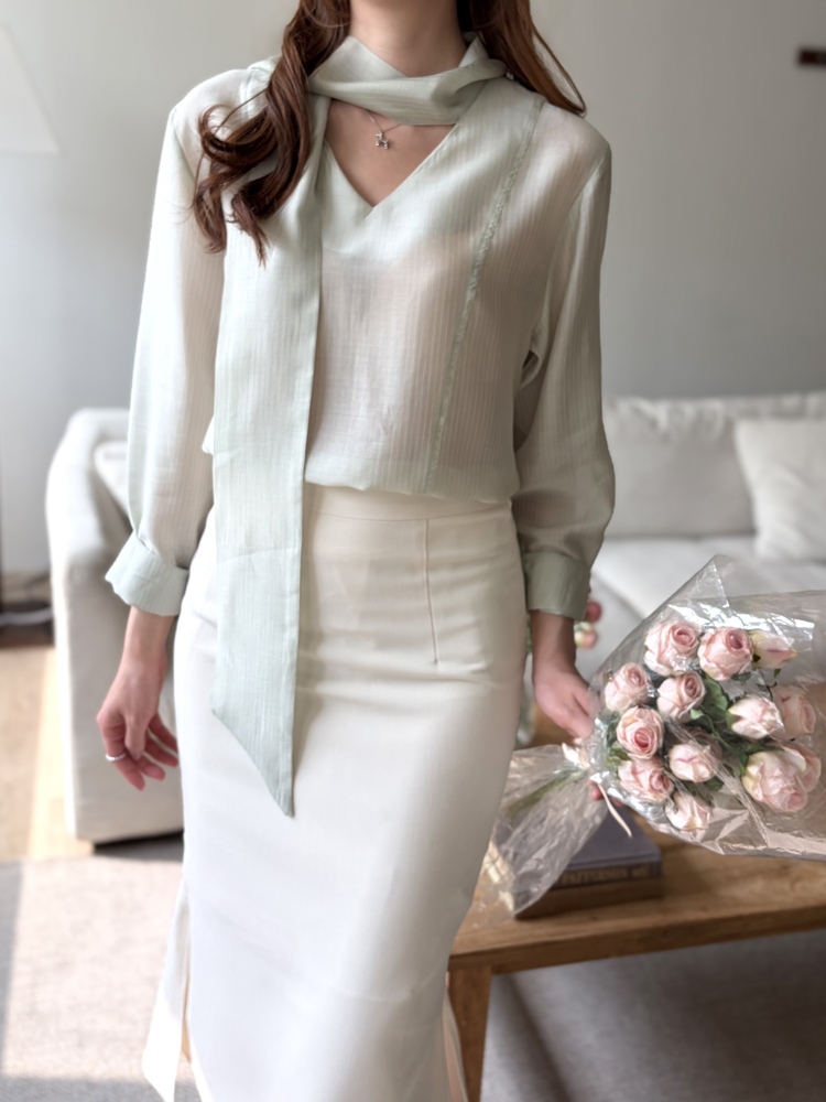 Aurelie Scarf-Tie Blouse (Mint)