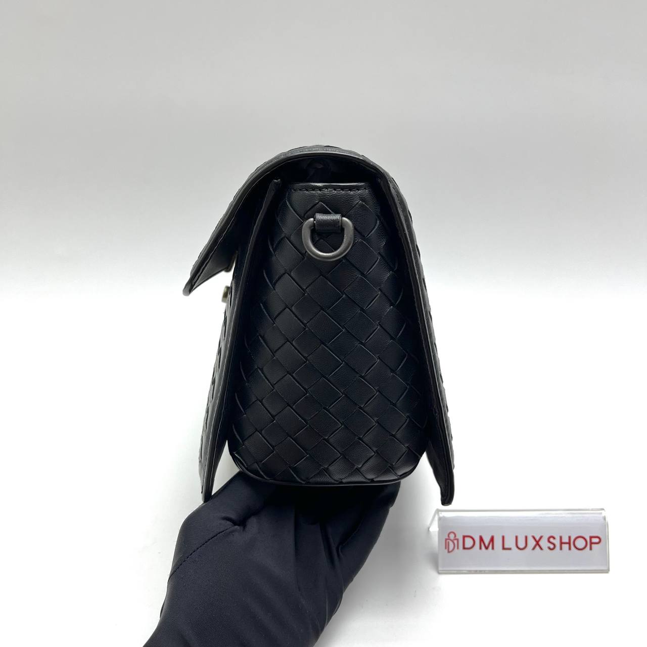 BV Black Intrecciato Padlock Flap Bag