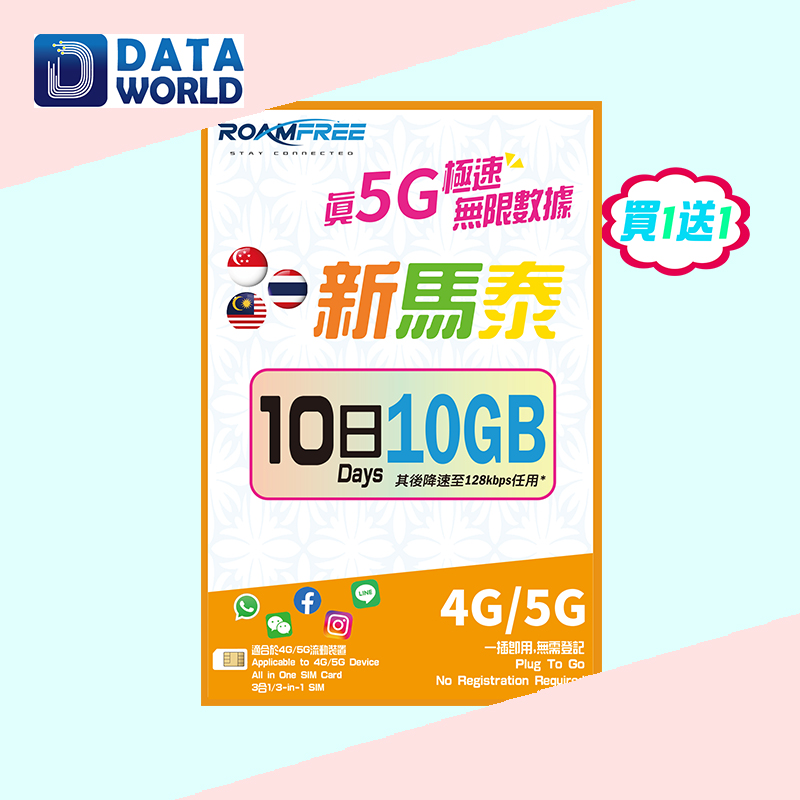 【買1送1優惠】Roamfree X 3HK 4G/5G 新馬泰10日10GB無限數據卡 x2