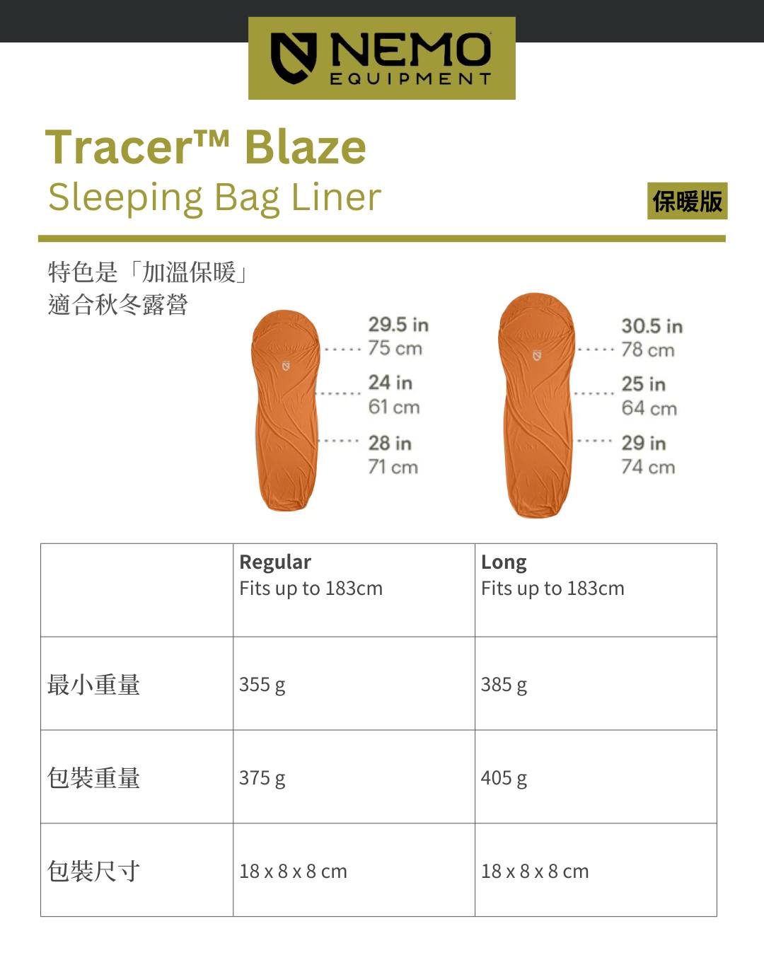 【NEMO Tracer睡袋內膽】TRACER BLAZE REG 2026