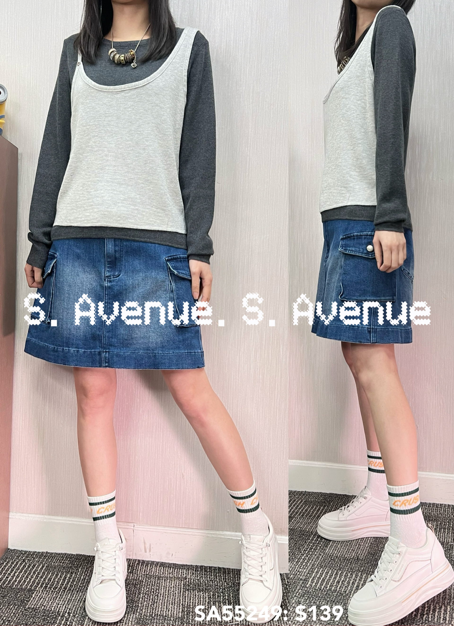 SA55249: 長袖假兩件吊帶背心線top