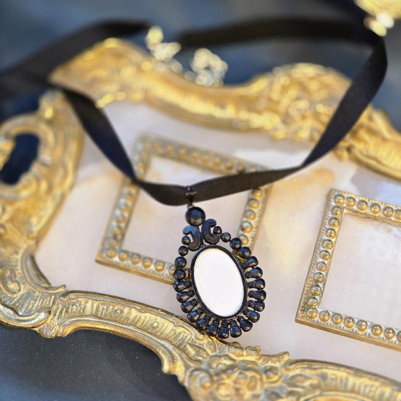 Victorian Mourning Style Black Photo Frame Pendant with Vintage Ribbon Choker(AS062)