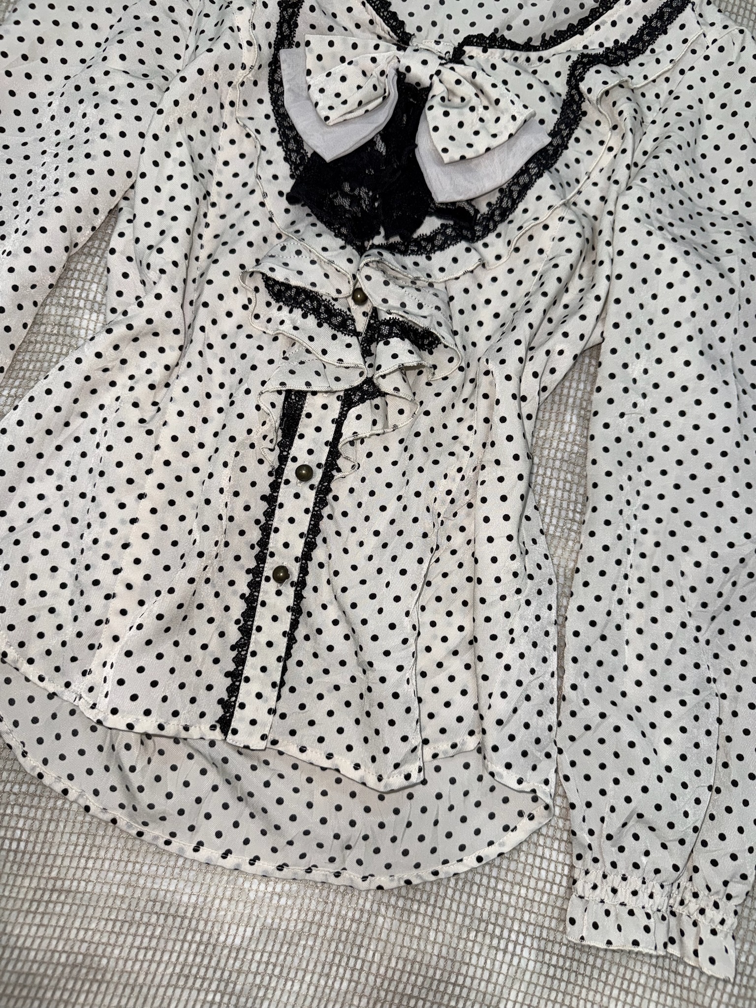 Axes Femme Black Lace Ruffles Polka Dot Large Bow Long-Sleeve Blouse