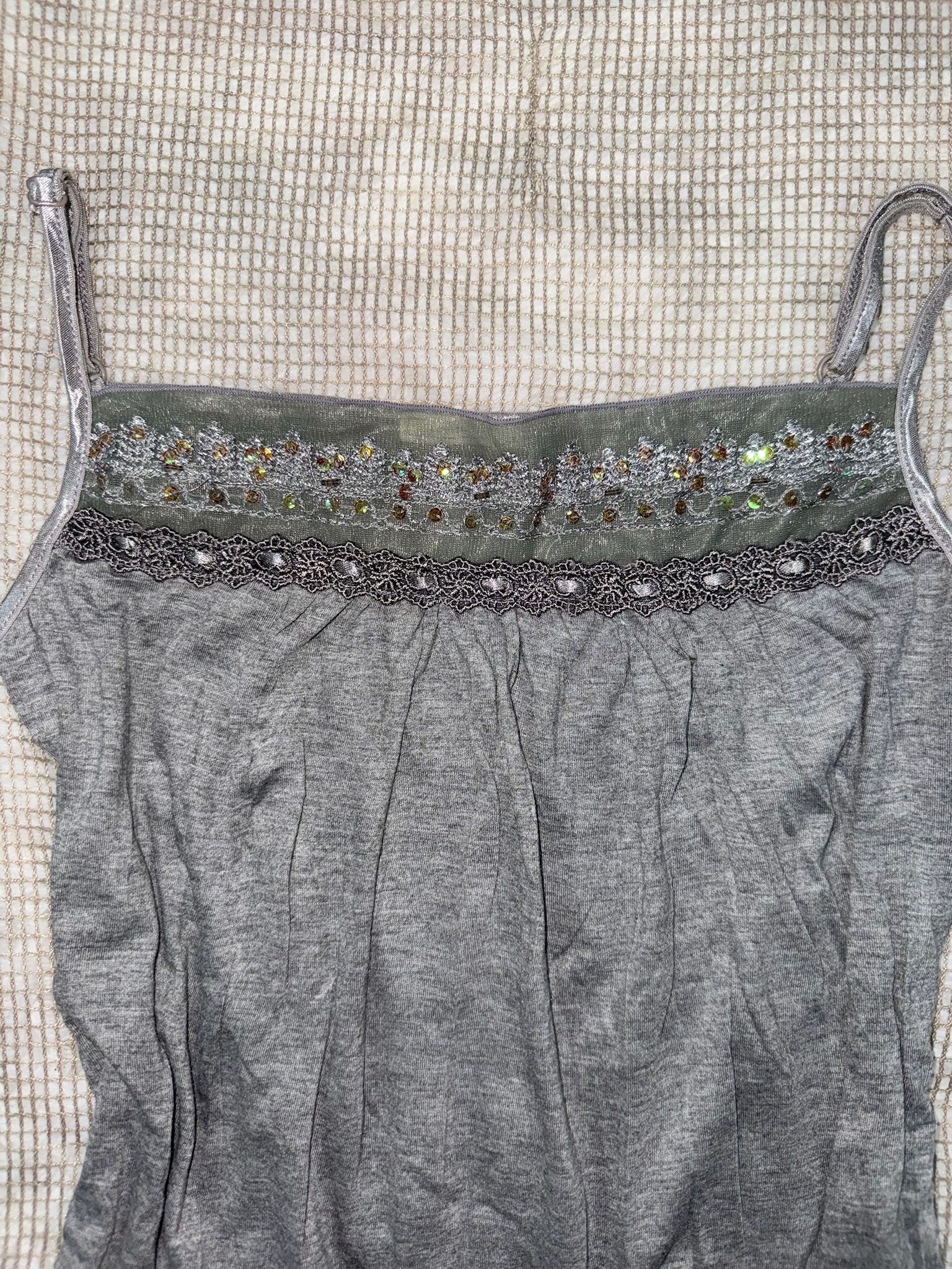Heather Grey Spaghetti Strap Top with Lace Trim