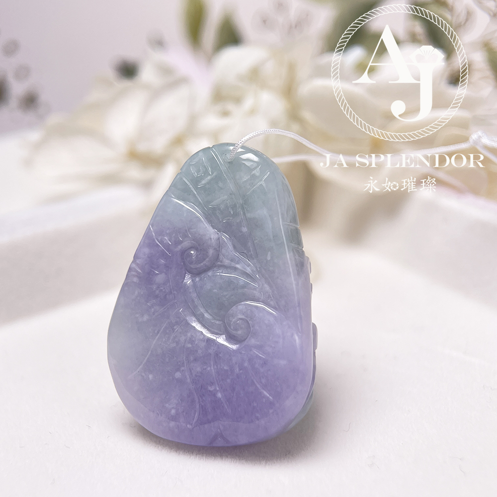 JN-3366 天然翡翠A玉 大師級鏤空精雕俏色春彩雙魚福壽映荷吊墜