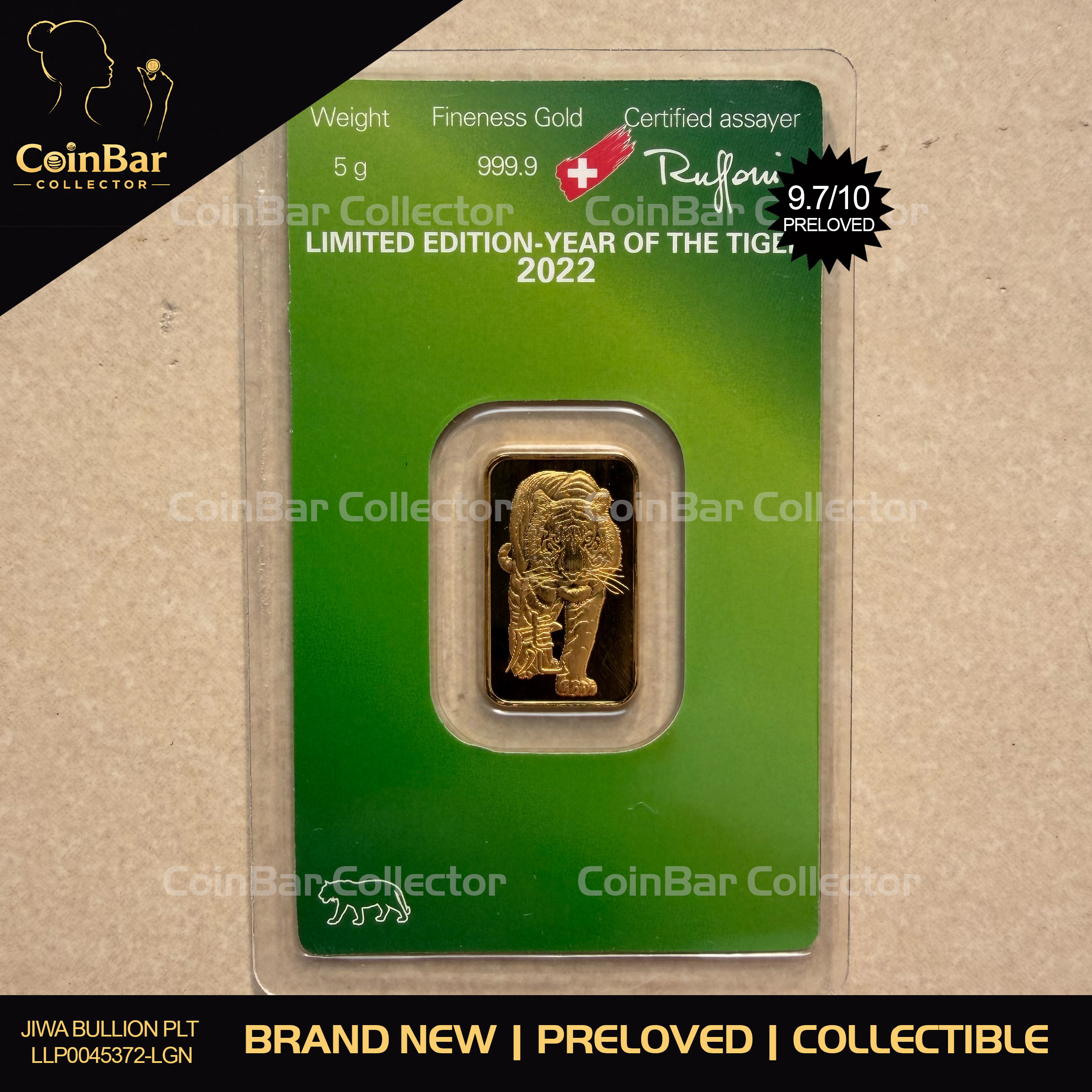 (SN3857) ARGOR Lunar Tiger 2022 5g🇨🇭Swiss Fine Gold Bar Emas 999.9 贺利氏生肖虎 (Limited 3888pcs)