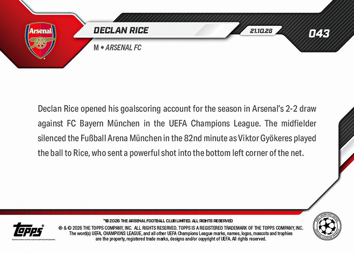 Declan Rice - 2026-27 UCL Topps NOW® #43 拜仁救主入球卡【團購】