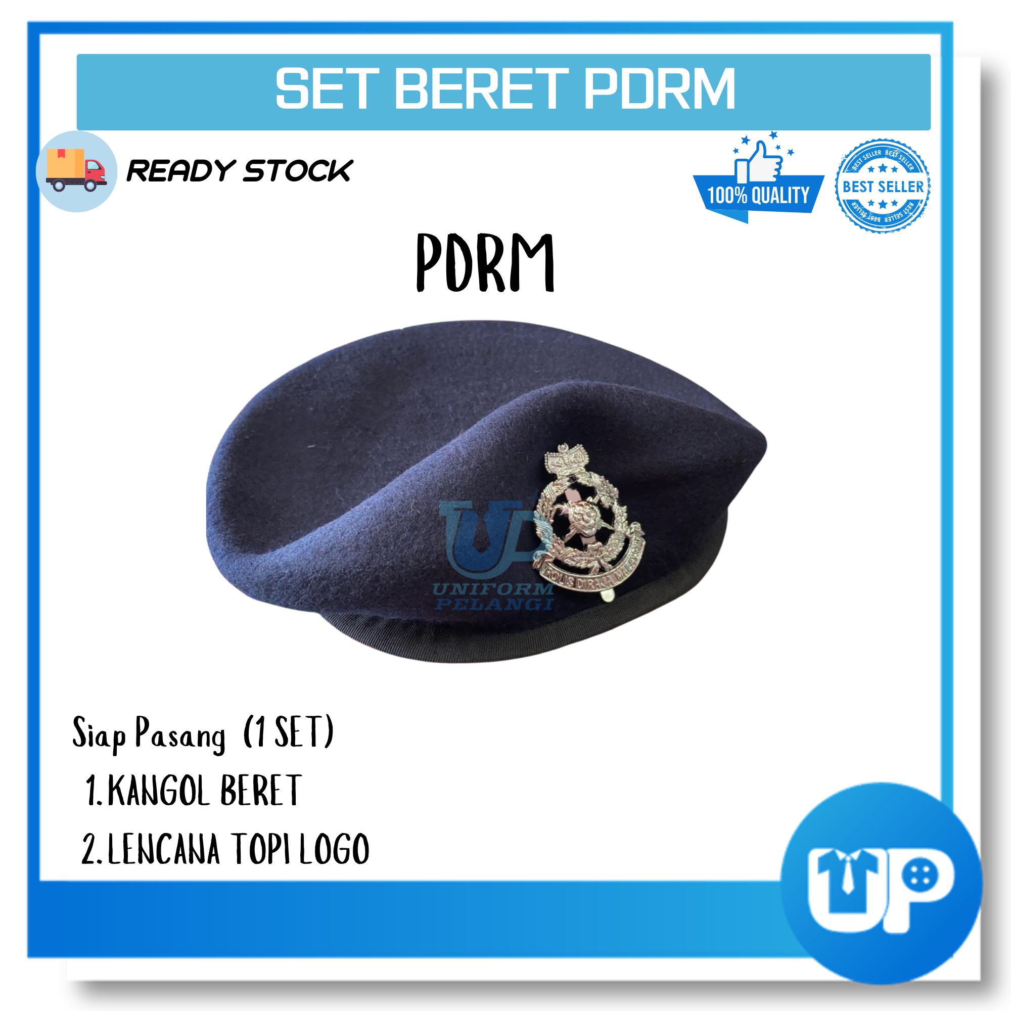 PDRM -Set Kangol Beret Polis Diraja Malaysia Siap Pasang Satu Set (Beret+Lencana)