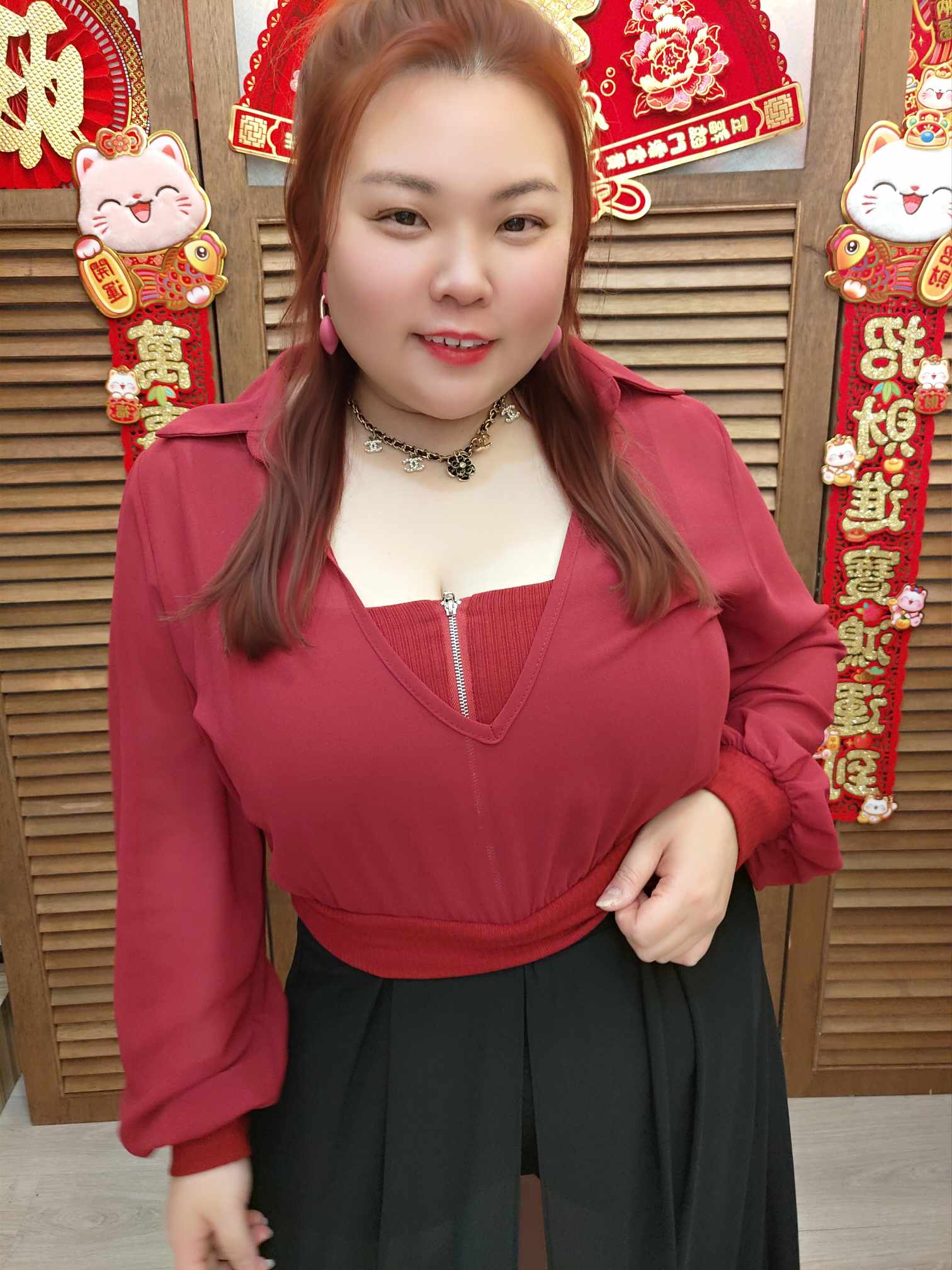 TW#2801 长袖薄纱假两件拉链背心上衣