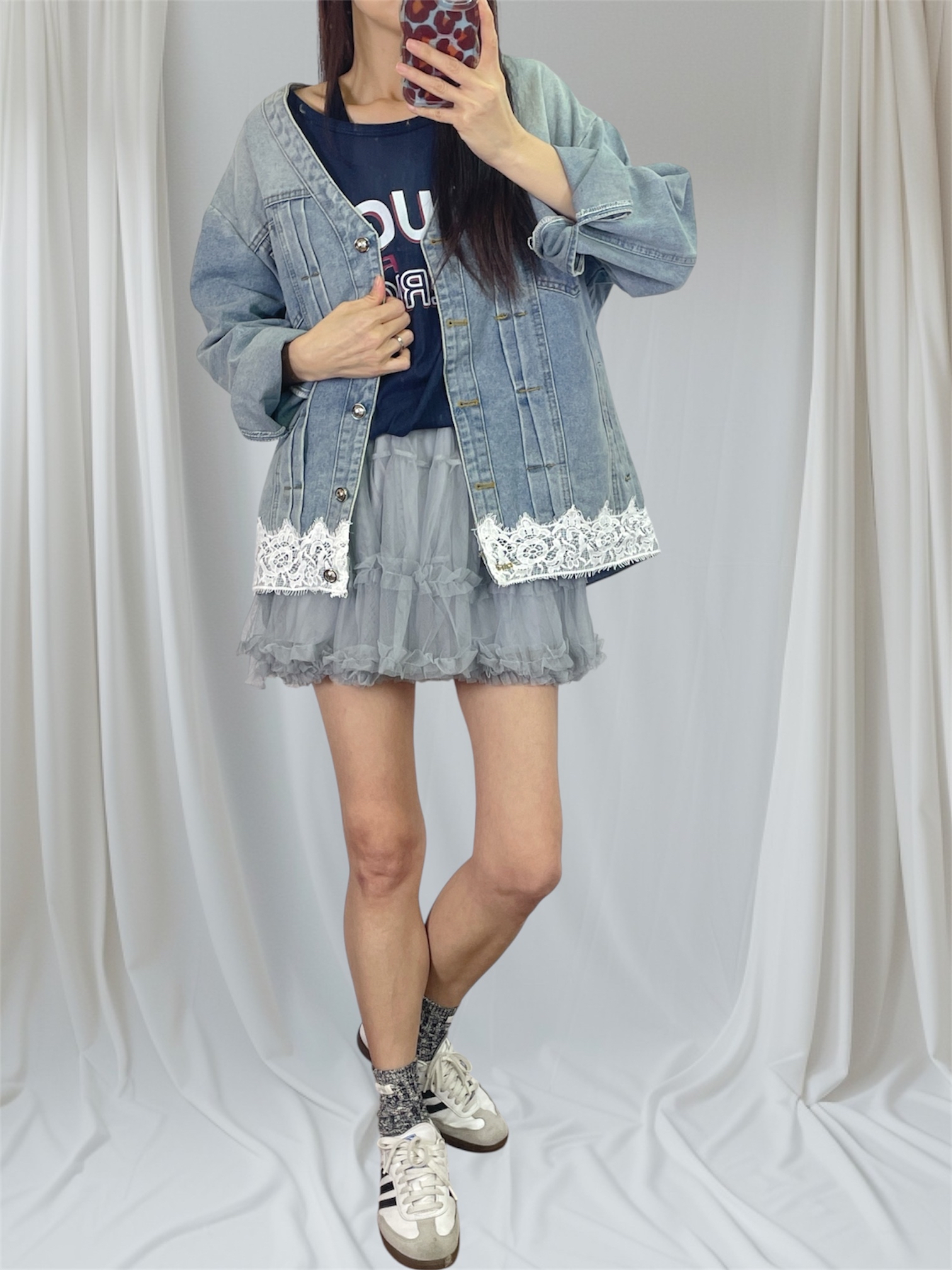 K5558 洗水牛仔衫腳拼lace外套