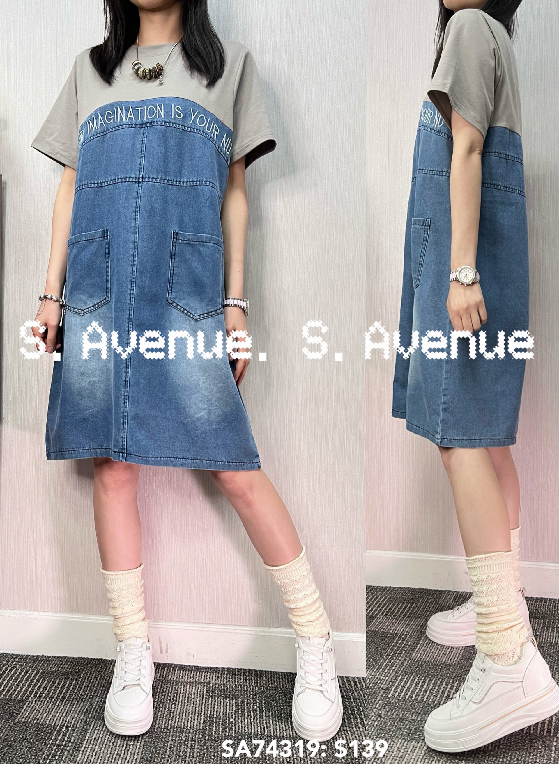 SA74319: 短袖前有骨繡英文字雙袋牛仔op