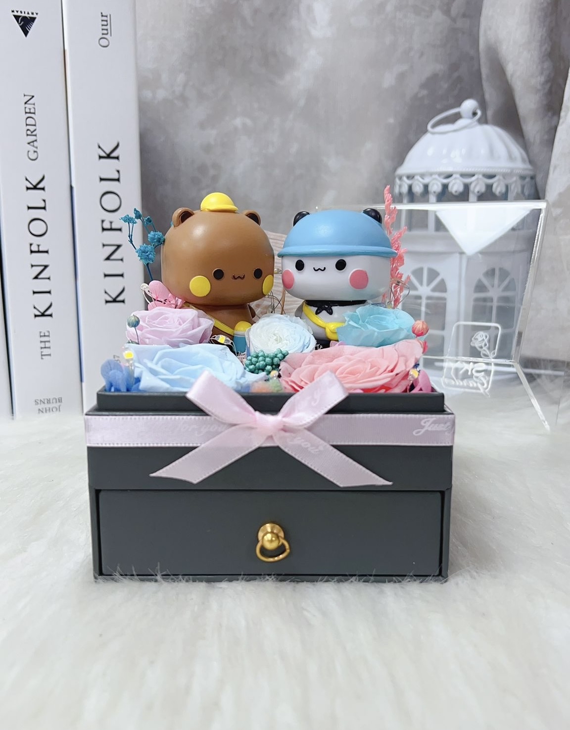 一二布布粉紅藍玫瑰永生花花盒