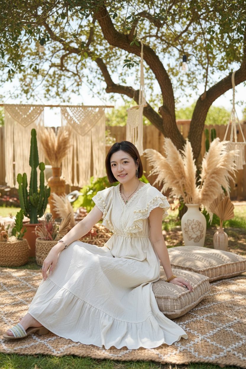 2014 Beige V Neck Ruffles Rubberband Waist OP 48" 