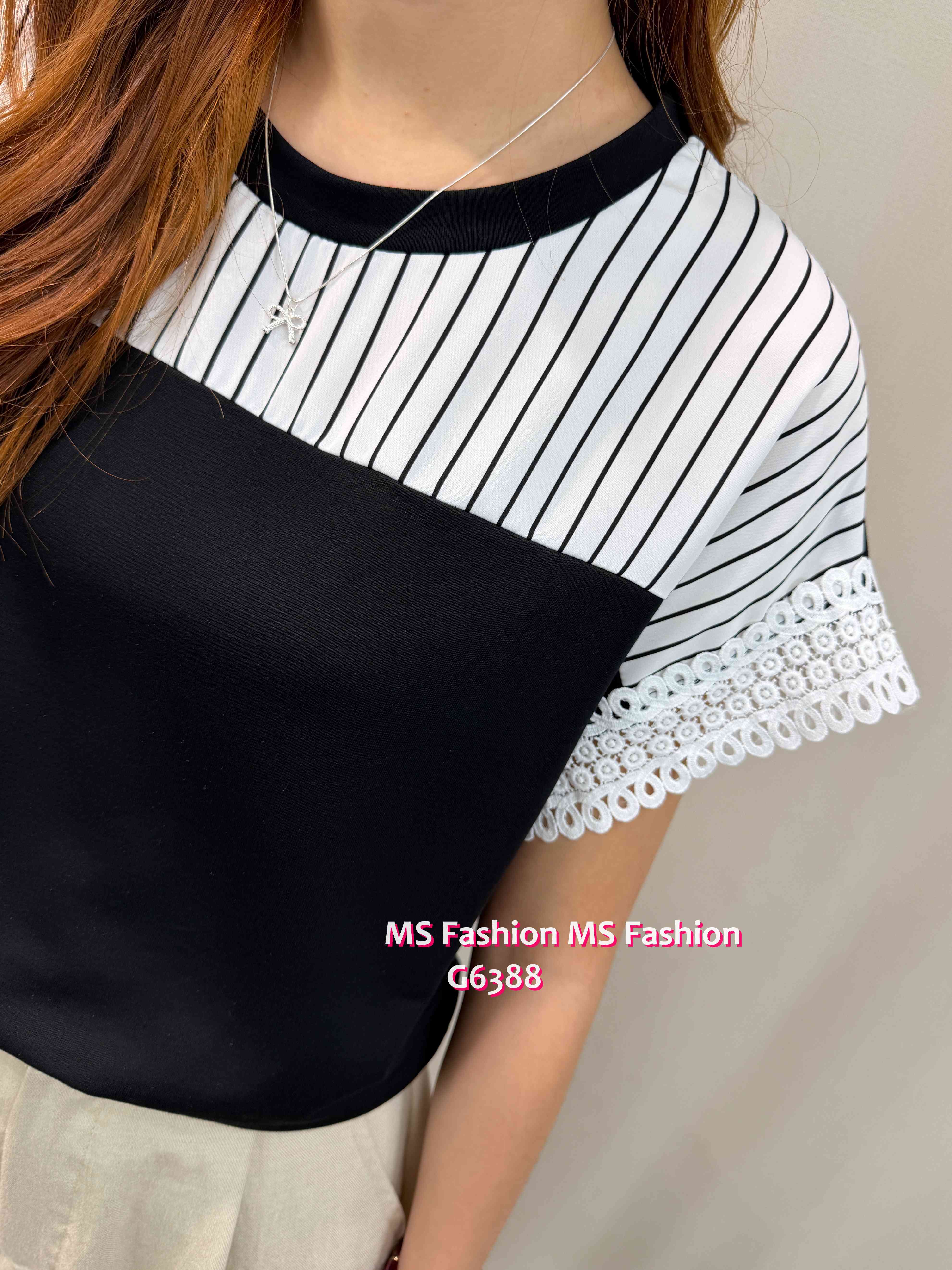 G6388 拼條子通花袖top