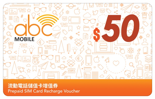 ABC Mobile本地充值券 增值券 儲值券 Recharge voucher $50 prepaid sim card data voucher CSL
