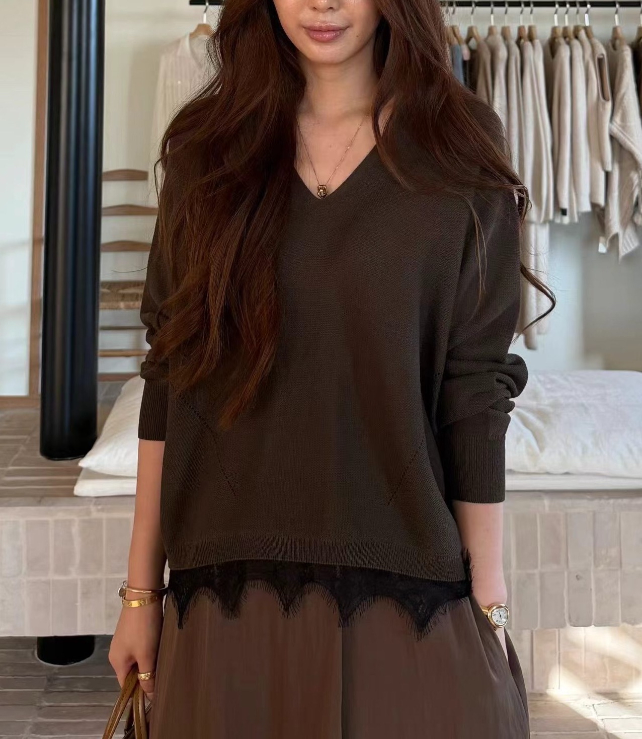 Mui 亞麻蕾絲針織V Top