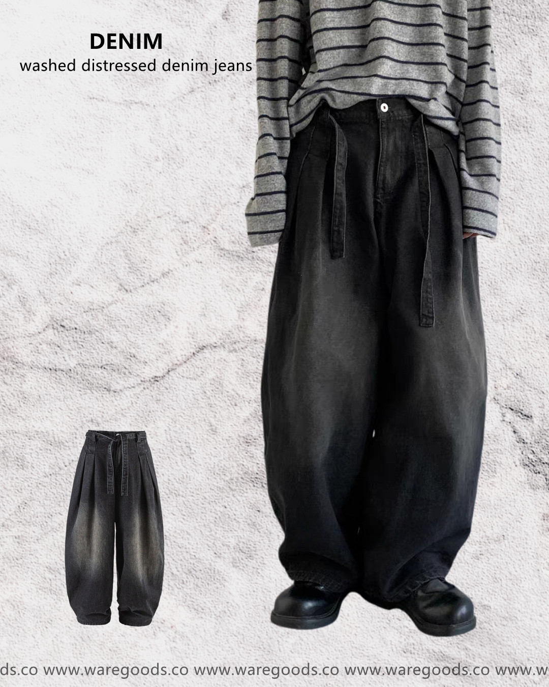 W35757水洗腰繩垂感牛仔褲