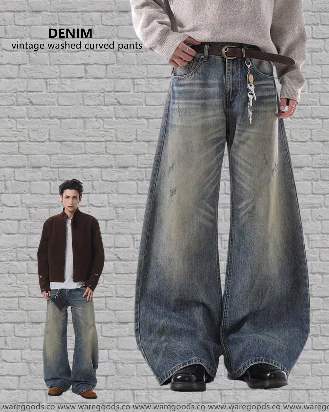 W6868洗水壓痕闊腳彎刀褲