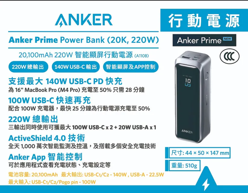 Anker Prime Power Bank (20K, 220W) 140W USB-C PD 20100mAh 行動電源 A110B
