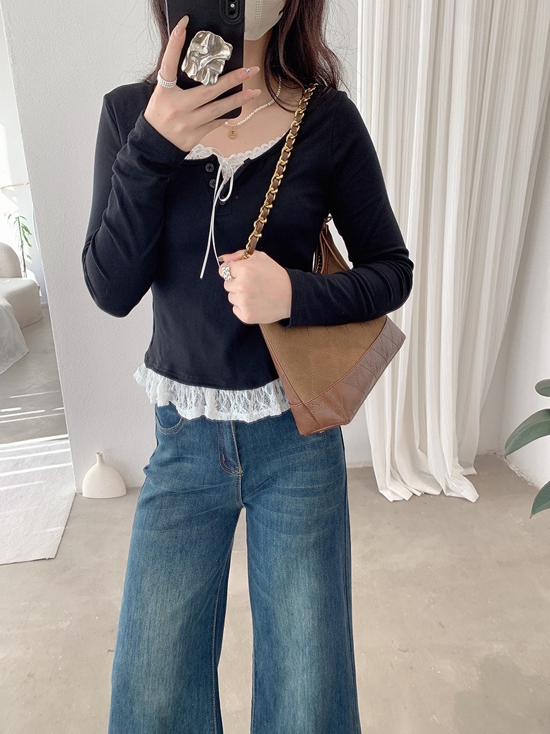 蕾丝花边拼接纯色上衣