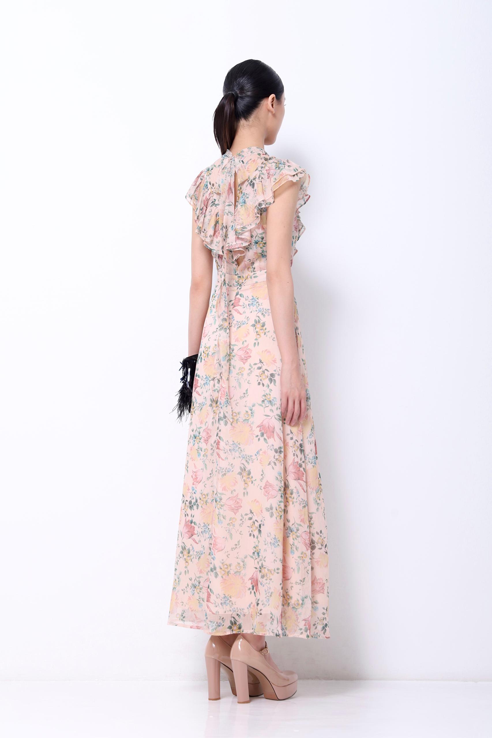 CD2148 RUFFLE STAND COLLAR MAXI DRESS