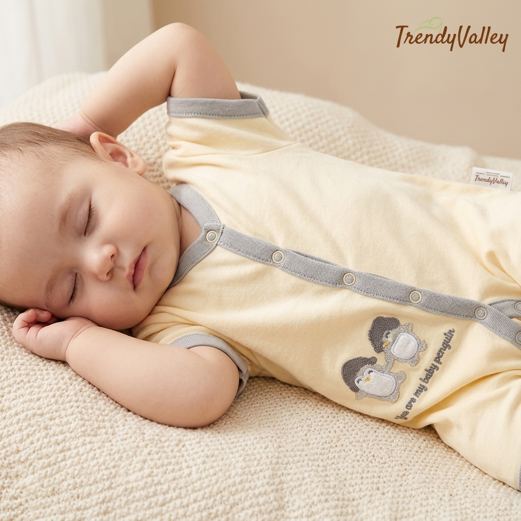 Trendyvalley Organic Cotton Short Sleeve Short Pant Baby Romper (YOUR ARE MR BABY PENGUIN)