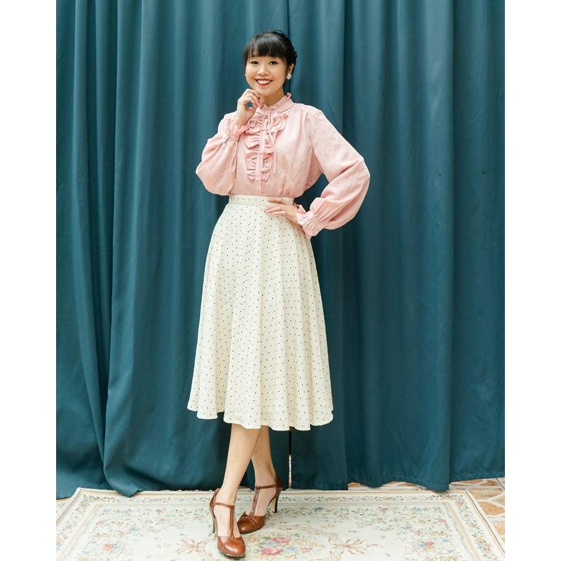 Vintage Japanese Leaf Textured Pink Ruffle Front & Cuff Blouse/Shirt (MT1604-8)