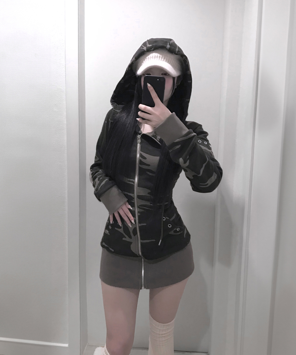Camo Zip-Up Hooded Mini Dress