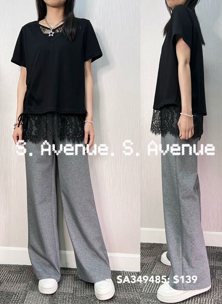 SA349485: 短袖V領拼lace束腳top