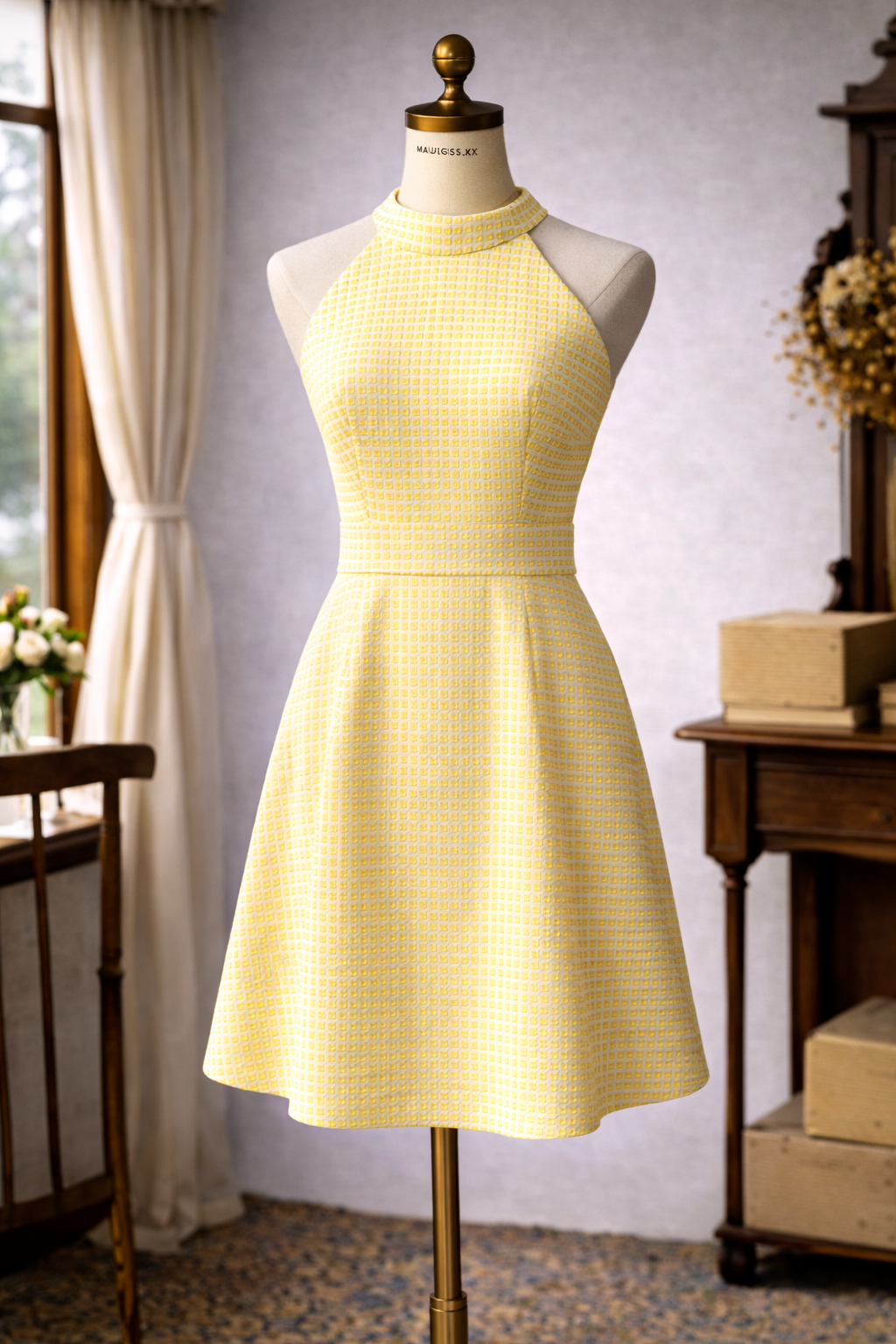 (Ready-made)1960s MOD Yellow Raised Geometric Pattern A-Line Dress(FM135)