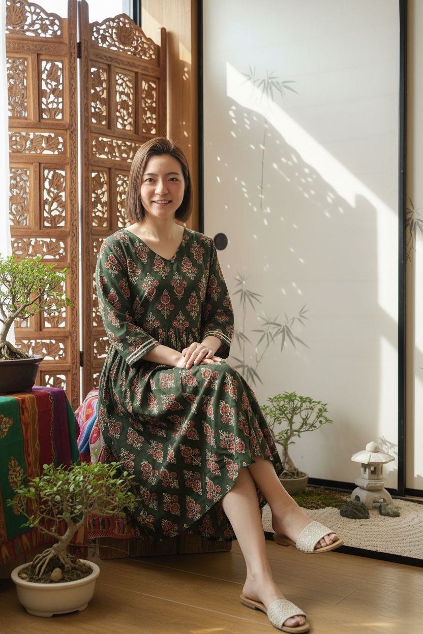 Vintage Green Red Flower V Neck OP 44" #1056