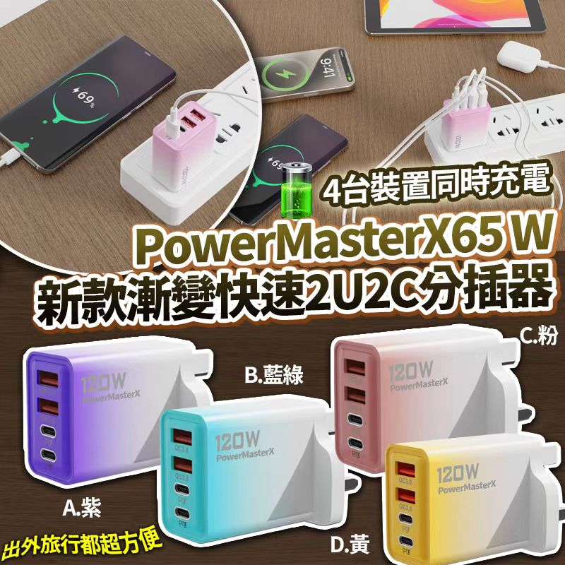  【預訂】 PowerMasterX 65W 新款漸變快速 2U2C 旅行頭