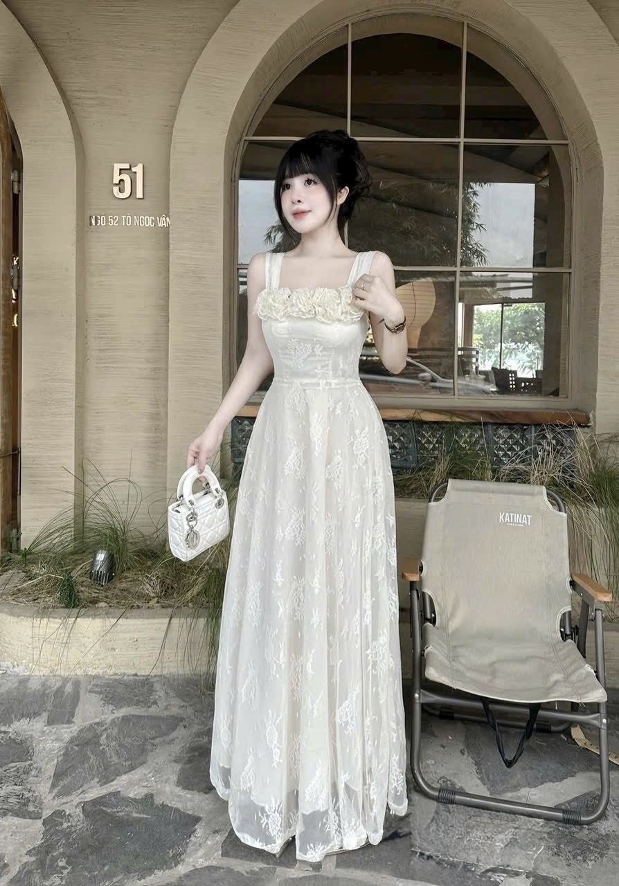 優雅花卉蕾絲長裙