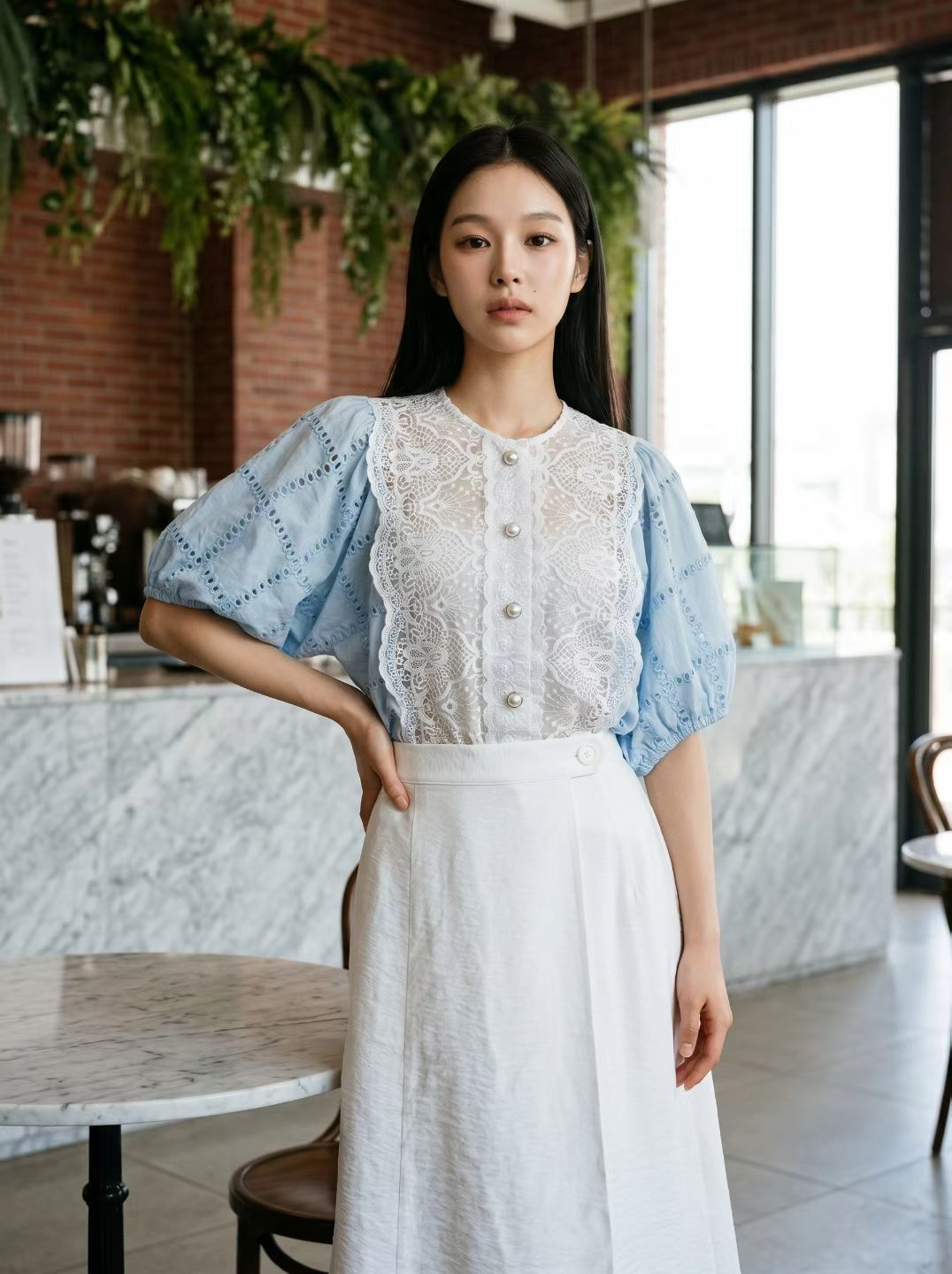 AD3 中間lace 通花泡泡袖Top 