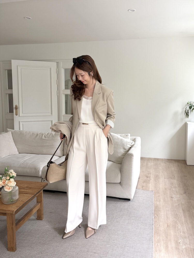 Margot Blazer with Striped Cuffs (Beige)