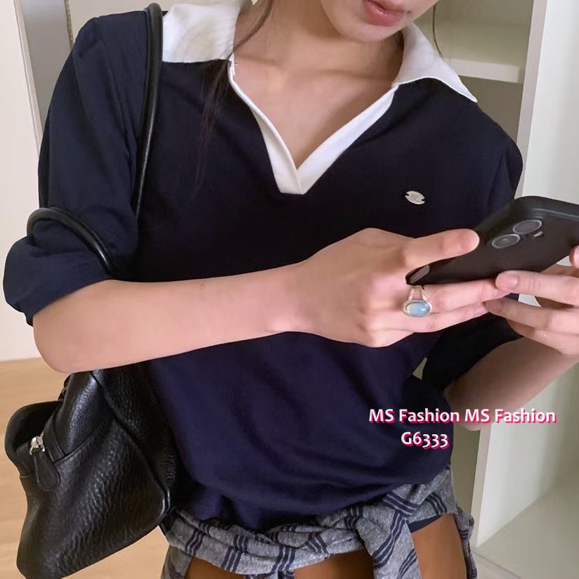 G6333 反領V領拼色top